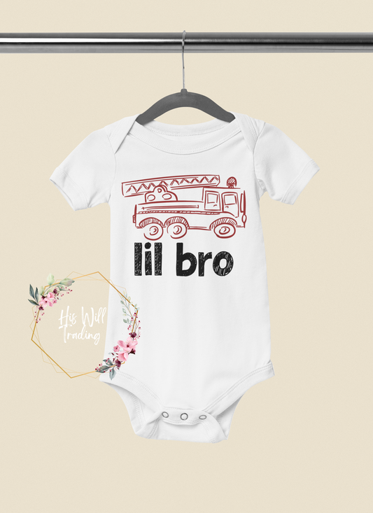 Firetruck Lil Bro Infant Onesie, Lil Bro, Big Bro, Sibling Matching Tees